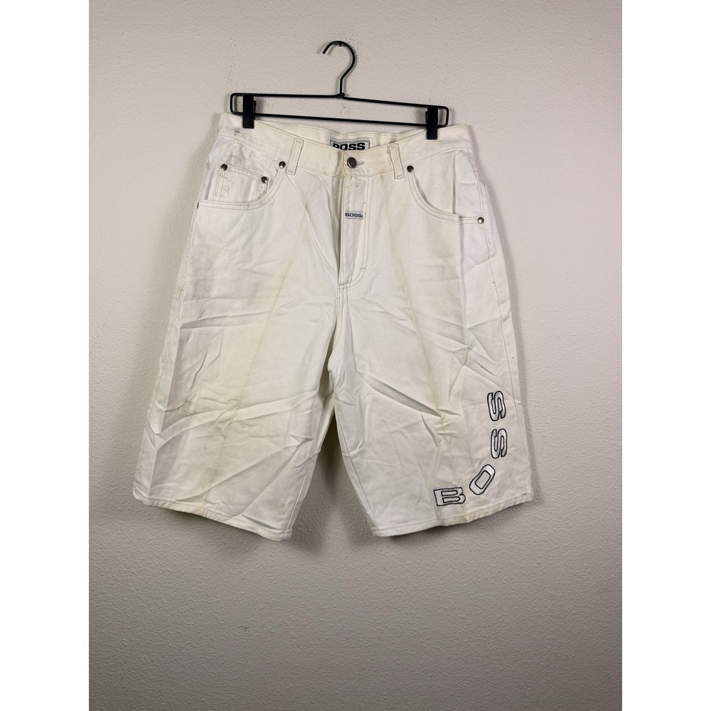 Vntg 90s BOSS Embroidered White Denim Shorts Sz 34 Wide Legs Made In USA
